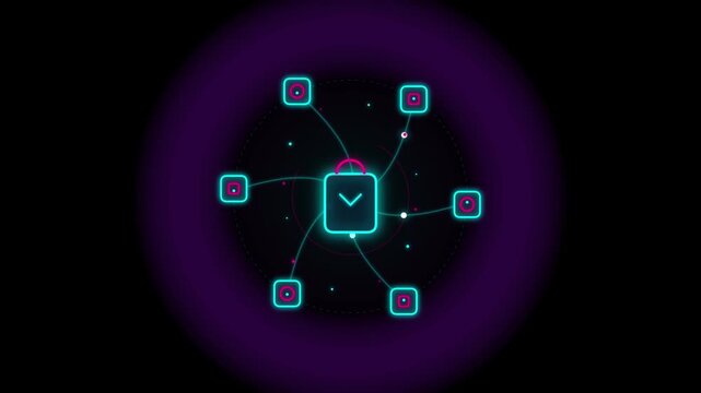 Futuristic Neon Cyan and Magenta Central Padlock Security and Data Encryption Network Animation Loop for Cyber Security and Privacy Concepts