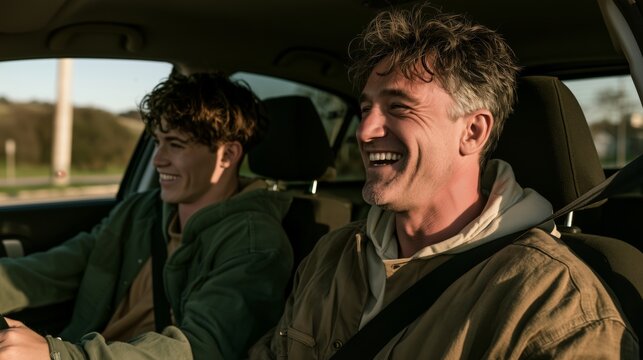 Father and son share a driving lesson and learn together in a car during a sunny day