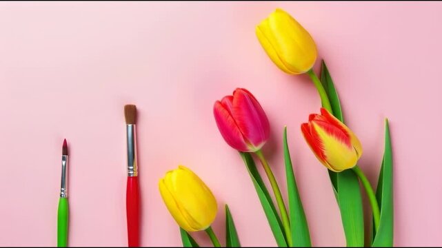 Bright yellow and red tulips next to a paintbrush