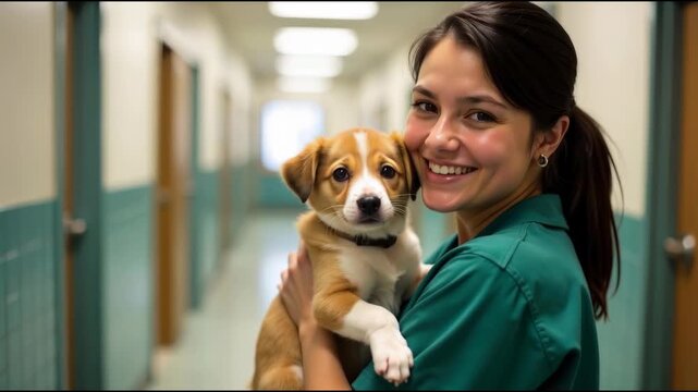 A woman in a green shirt holding a brown and white dog
