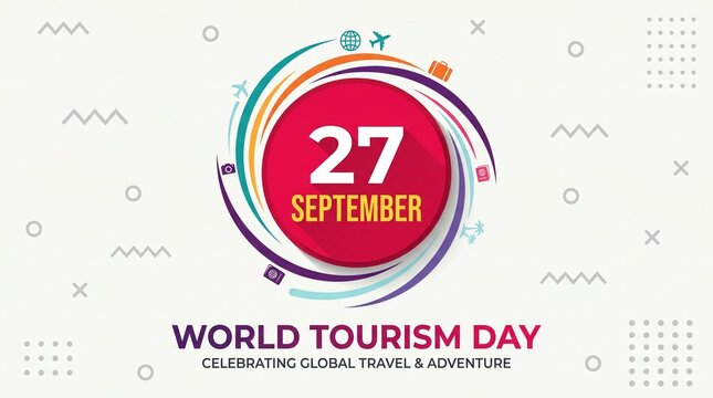 World Tourism Day banner for September 27, global travel and adventure celebration graphic, colorful swirl with vacation icons