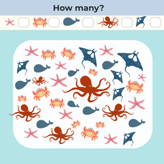 Fototapeta premium Educational board game for kids with Sea Creatures. Colorful counting activity page for children.