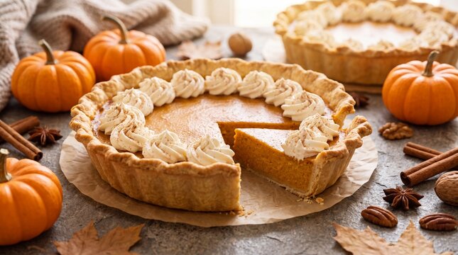 Pumpkin pie with whipped cream topping and slice removed, surrounded by small pumpkins and cinnamon sticks on a rustic table setting