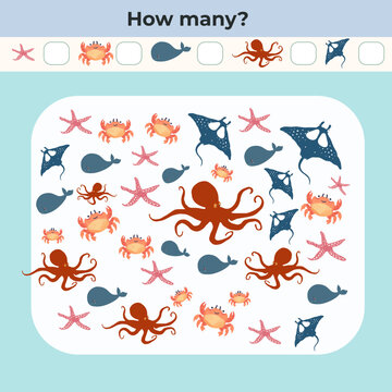  Educational board game  for kids with Sea Creatures. Colorful counting activity page for children.