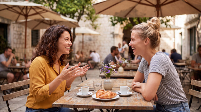 Two women enjoying coffee and pastries at an outdoor cafe with umbrellas and greenery in a charming urban setting