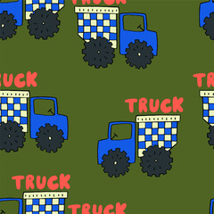 Blue cartoon truck with checkered trailer driving on moss green background playful illustration for children's designs © SA Graphic Desing
