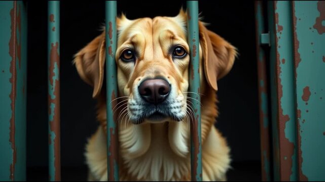 A close-up shot of a dog sitting behind bars, conveying a sense of confinement and longing