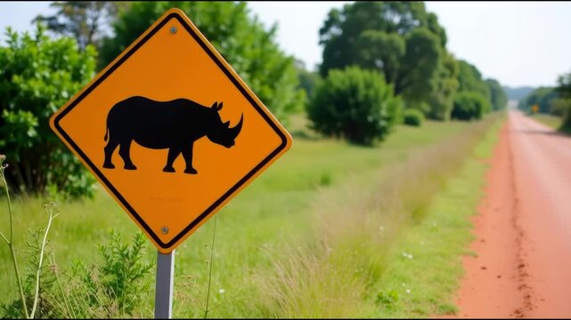 Rhino crossing sign on the side of a road, warning of wildlife