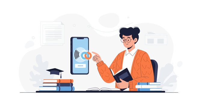 Student Engaged in Online Learning with Smartphone, Books, and Graduation Cap