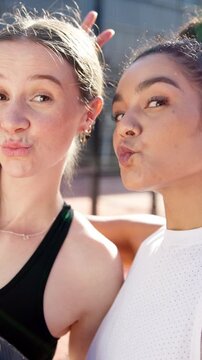 Happy women, sport and laughing with selfie for fitness, photography or picture together on court. Portrait, female people or athlete with smile in POV for memory, capture moment or friendly game