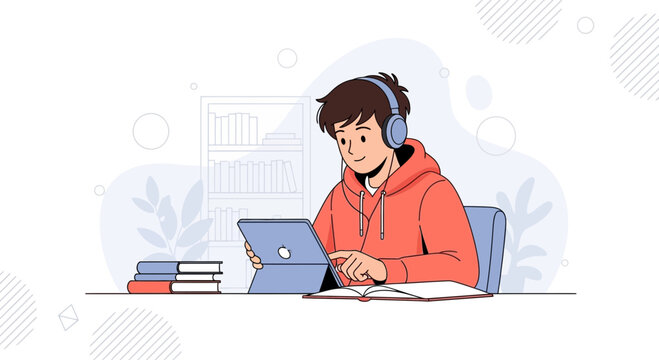 Student wearing headphones studies with tablet and books, online education, e-learning, modern digital learning concept