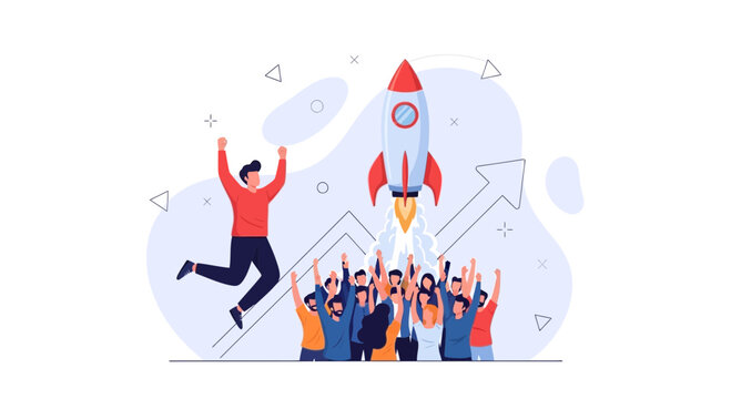 Successful Startup Launch Celebration with Rocket Ascent and Cheering Crowd, Vector Illustration