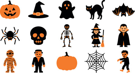 Obraz premium Halloween flat icon set, 15 spooky orange and black vector characters, festive holiday graphics for party invitations and web design