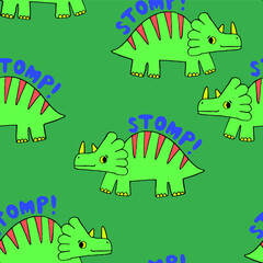 Green Triceratops dinosaurs with red stripes stomping playfully on a vibrant green background seamless pattern illustration © SA Graphic Desing