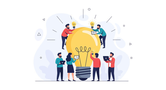 Teamwork and Innovation: People collaborating around a giant glowing light bulb, symbolizing creative ideas and startup growth.
