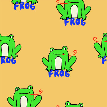 Cute green frog cartoon with tongue out on yellow background seamless pattern for children's textile design