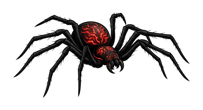 Scary black spider illustration with glowing red markings and sharp fangs isolated on white
