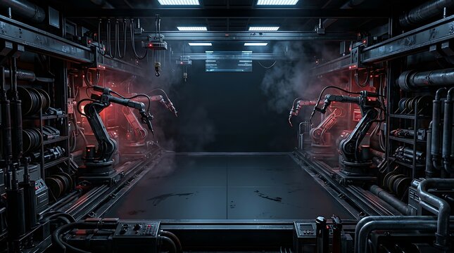 Futuristic robotic repair station design in a dark industrial workshop illustration