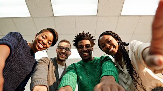Diverse team reaches hands toward camera in office. Group shows unity with reaching gesture. Team extends hands showing teamwork. Office group demonstrates unity together. Diverse people reach out.
