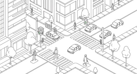 Fototapeta premium Isometric city street scene with pedestrians and vehicles.