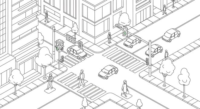 Isometric city street scene with pedestrians and vehicles.