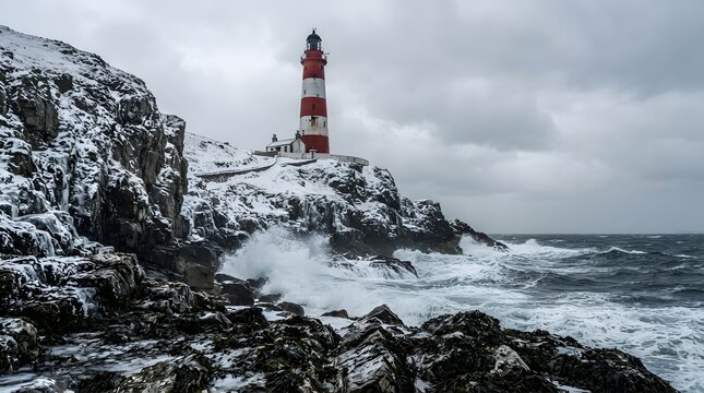 Dramatic coastal scene featuring a tall lighthouse perched on rugged rocky cliffs
