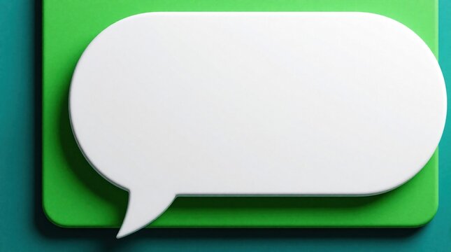 Abstract clean 3D illustration shows white speech bubble over green screen interface. Empty message box for copy space, communication concept, digital chat notification. Modern simple design.