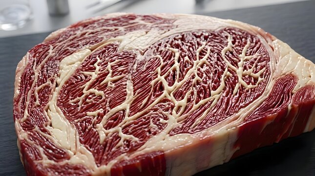 A close up of a raw beef steak with detailed fat marbling  placed on a dark stone surface with a softly blurred kitchen setting