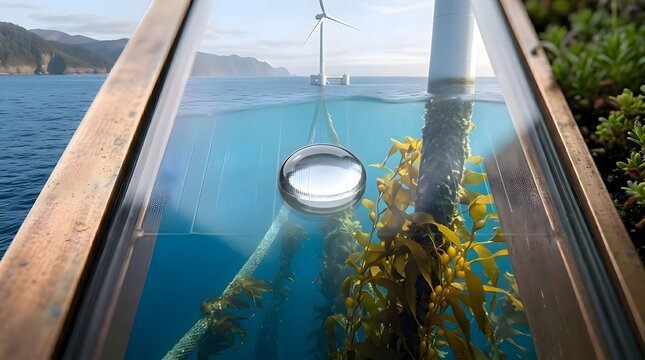 An underwater perspective through a glass panel shows a submerged wind turbine base  kelp  and a buoy  with mountains and sea visible above the waterline