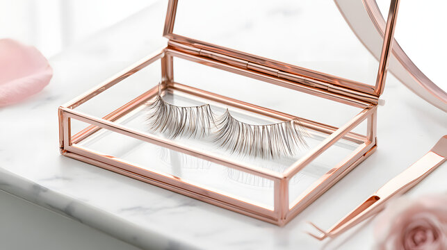 Luxury false eyelash collection in rose gold tray on white marble background with lash applicator