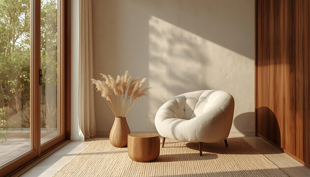 Minimalist Japandi living room interior with cozy white armchair wooden coffee table vase with pampas grass and soft sunlight shadows backdrop.