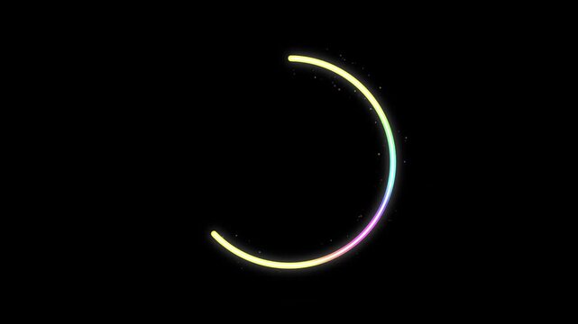 Glowing rainbow neon arc loading ring and rotating circular progress indicator animation on a dark background - 4K video