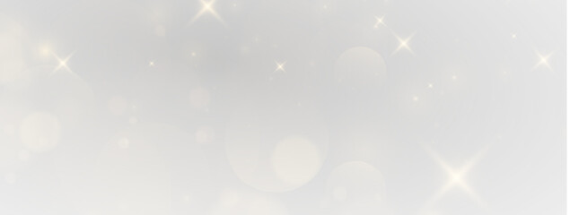 Golden sparkle light effect with bokeh and stars on transparent background. Festive glitter overlay banner for Christmas and luxury designs. Glowing magic dust particles © Elena