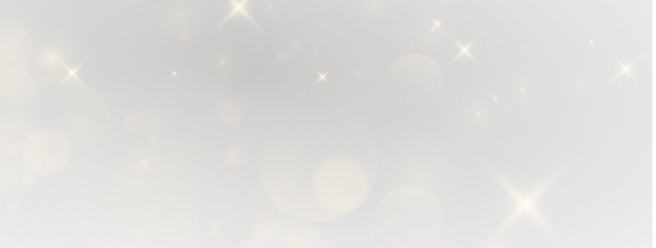 Golden sparkle light effect with bokeh and stars on transparent background. Festive glitter overlay banner for Christmas and luxury designs. Glowing magic dust particles