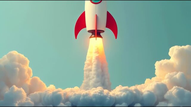 A red and white rocket soaring through the sky