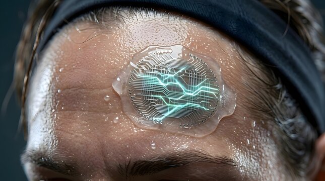 Close up of a human forehead with a translucent circuit board patch glowing with blue energy  suggesting advanced wearable tech or neural interface