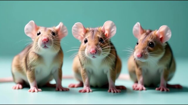 Three mice sitting together, brown and white colors