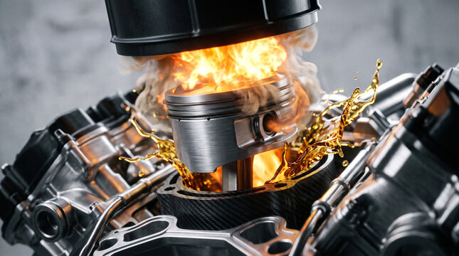 Engine piston in motion with combustion fire and splashing engine oil
