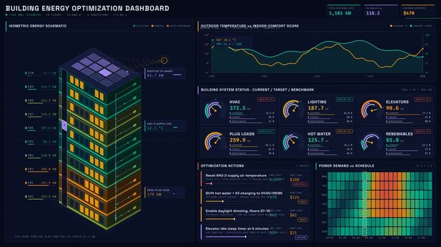 Explore a visually stunning 4K building energy optimization dashboard featuring a split-screen design with animated 3D isometric building schematic and real-time analytics panel.