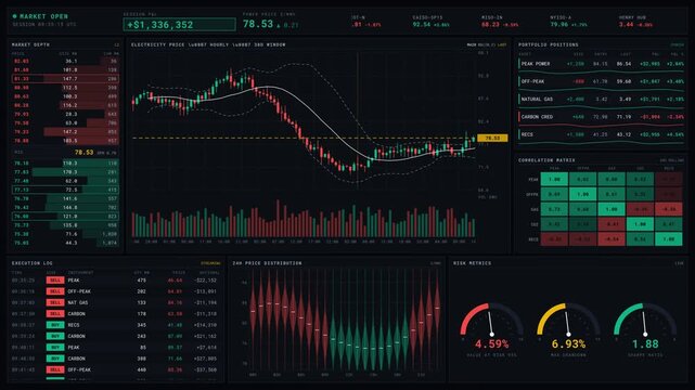 Explore a cinematic 4K energy trading analytics dashboard featuring dynamic charts, real-time data, and a premium trading terminal aesthetic with vibrant color accents.
