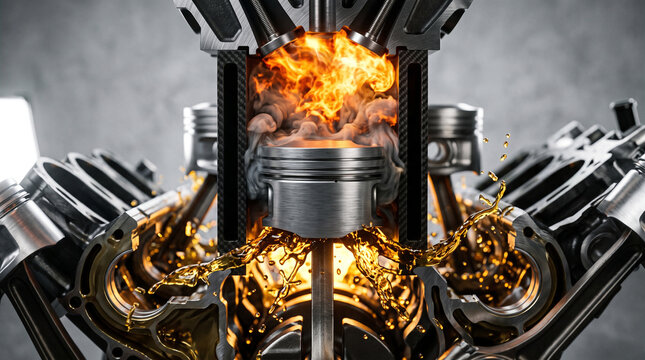 Cross section of car engine piston with internal combustion fire and oil
