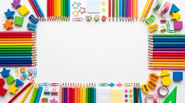 School supplies and colored pencils border frame on white background with copy-space