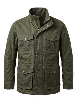 Olive green waxed cotton field jacket with multiple pockets isolated on white.