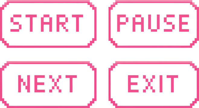 8-bit pixel art pink game button set, retro arcade interface controls for video games, RPG menus, gaming apps, pixel interfaces, digital entertainment, and vector design.