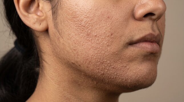 Profile of a young woman showing congested skin with closed comedones on cheek