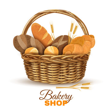 Realistic Bakery Basket Filled with Assorted Fresh Bread