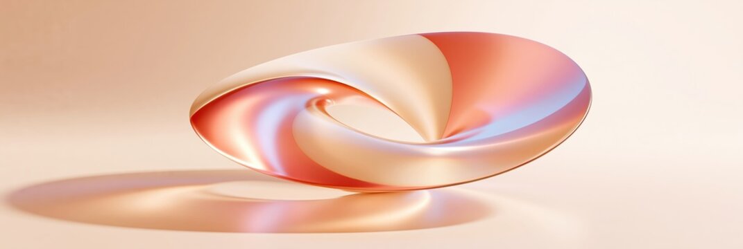 Abstract twisted toroidal surface with iridescent reflections and soft shadows on peach background
