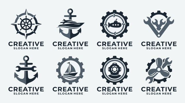 A collection of nautical-themed logos featuring symbols like anchors, compasses, and yachts, ideal for marine and creative industries looking to elevate branding.