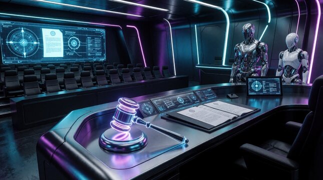 Futuristic courtroom with robotic figures, digital interface. Judge gavel sits on tech desk near legal documents. Cybernetic androids attend trial in high tech law chamber. Glowing blue neon lights
