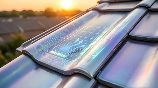 Close up of a modern roof tile with holographic energy flow graphics  set against a warm sunset with out of focus neighboring houses in the background